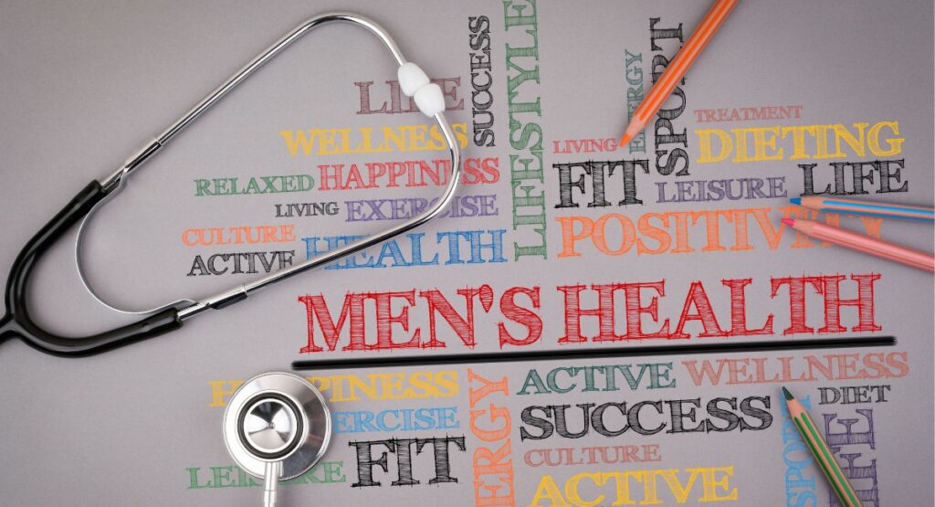 photo with collage of words, mens health, wellness, active, fit, positive